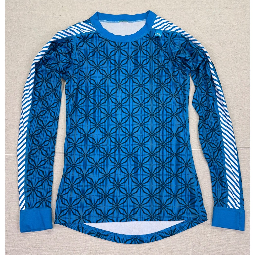 Helly Hansen Womens XS Lifa Blue Geometric Rash Guard Long Sleeve Base Layer Top